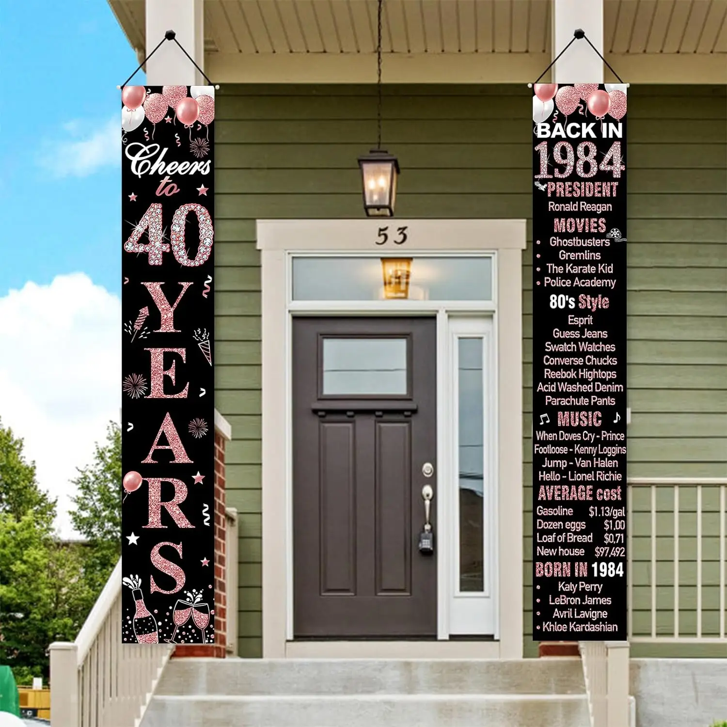 Rose Gold Cheers to 40th Birthday Party Back in 1984 Porch Sign Happy 40th Door Banner