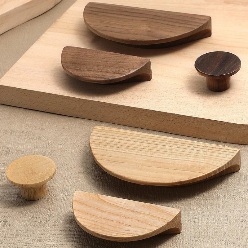 2Pcs Wood Door Handle Nordic Semicircle Wooden Cabinet Handles Kitchen Drawer Knobs Wardrobes Handle Hardware Child Closet Pulls