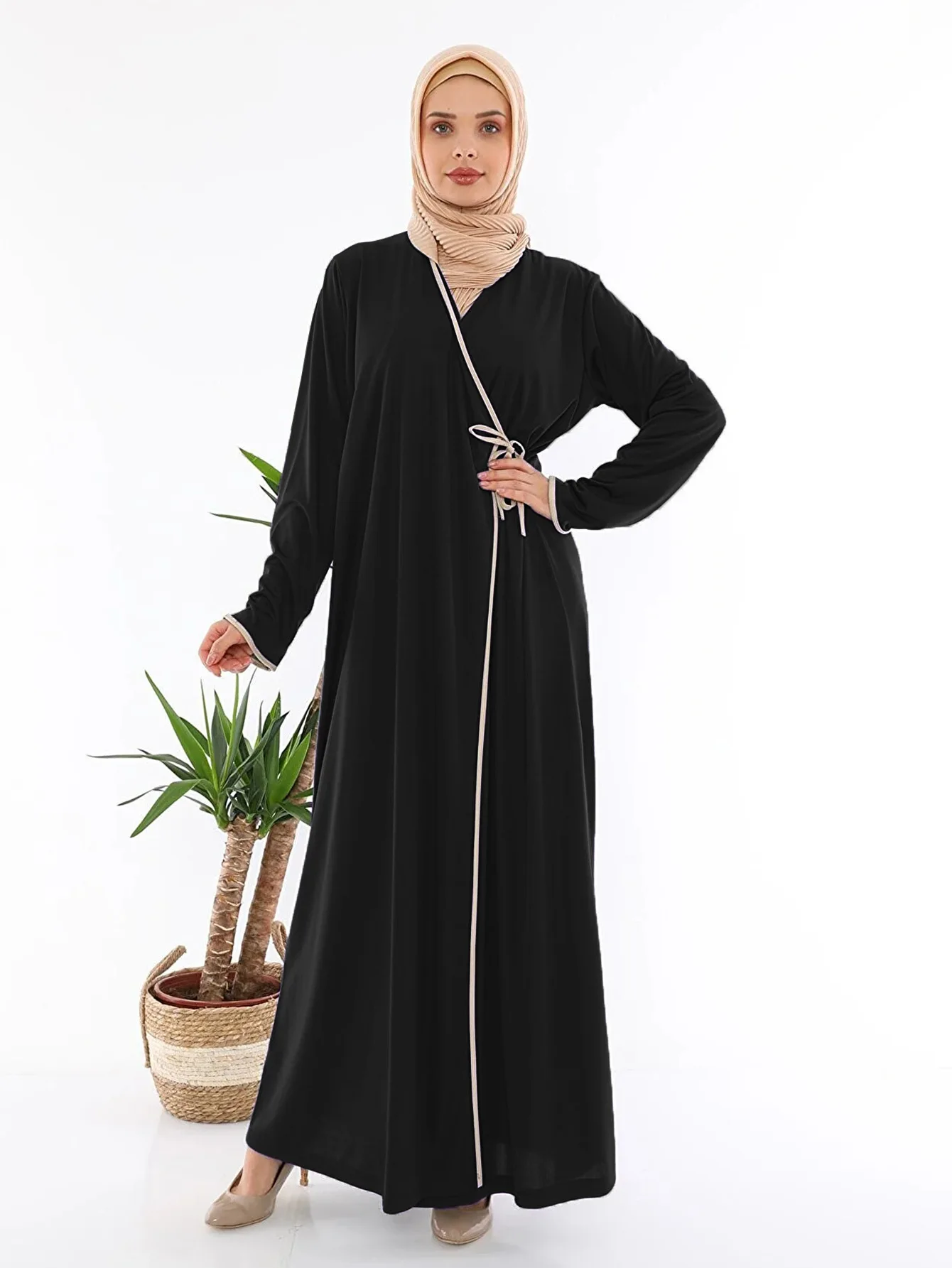 

Fashion Lace Up Muslim Dress Women Long Sleeve Maxi Solid Sundress Robe Femme Female Marocain Turkish Vestidos Robe 2024 New