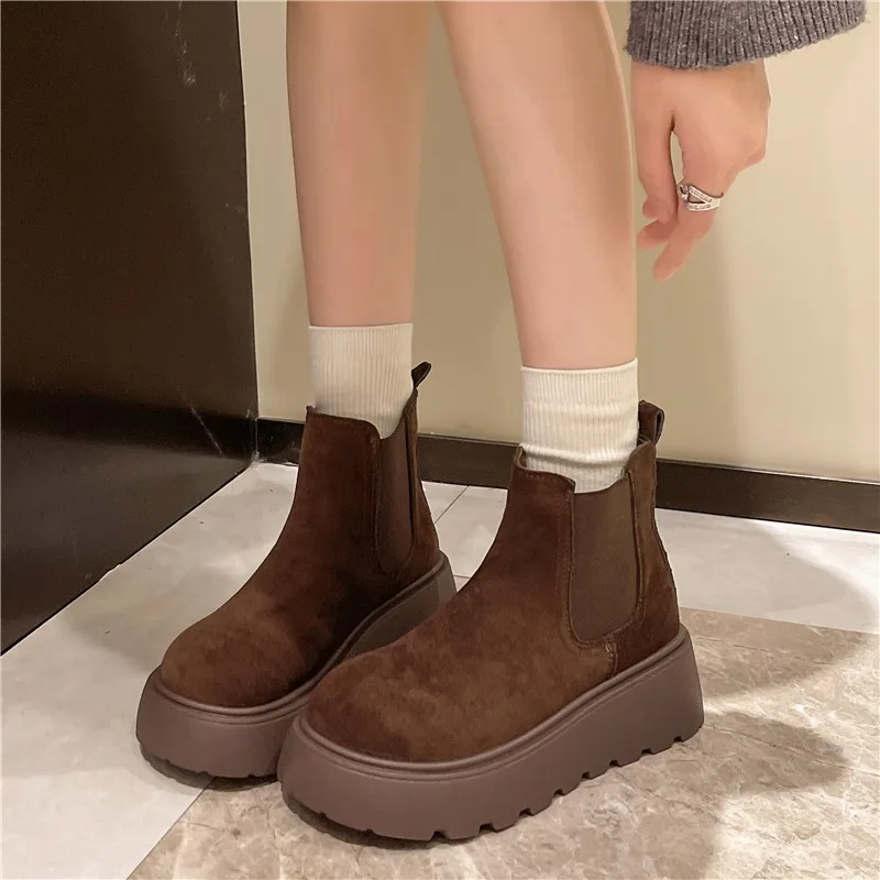الشتاء خمر الفراء بطانة النساء حذاء من الجلد منصة موجزة الارتفاع زيادة الأحذية الدافئة القطن الجوارب القصيرة أحذية Zapatos Mujer
