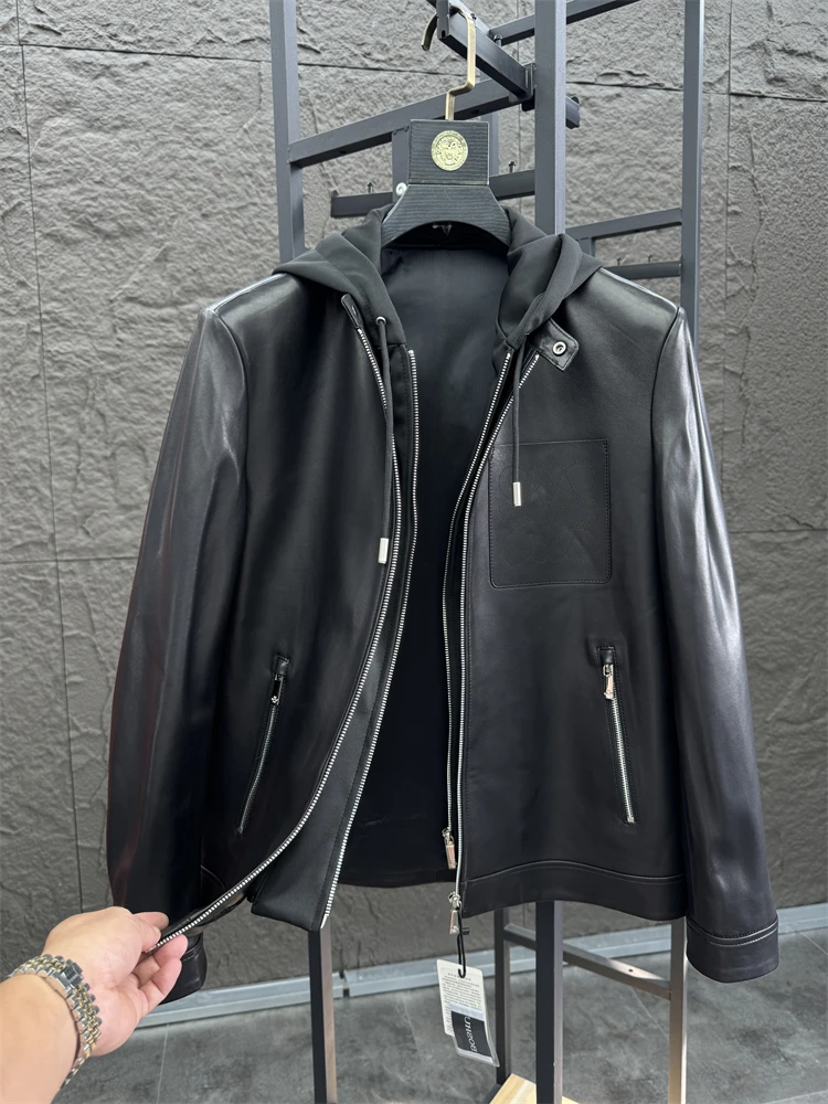 

Svip Men's Hooded Jaet Genuine Lambskin Leather Coat Unfasten Outerwear Faion Urban Sle Breathable Lightweight Antibact...