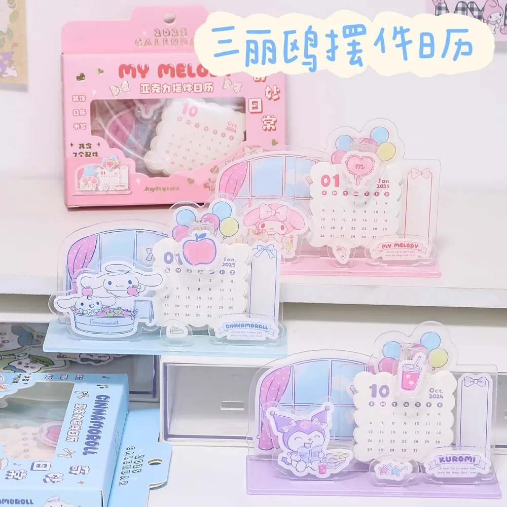 Sanrio calendário 2025 ornamentos de mesa acrílico kawaii kuromi minha melodia cinnamoroll novos notas de check-in placa de mensagem mensal presente