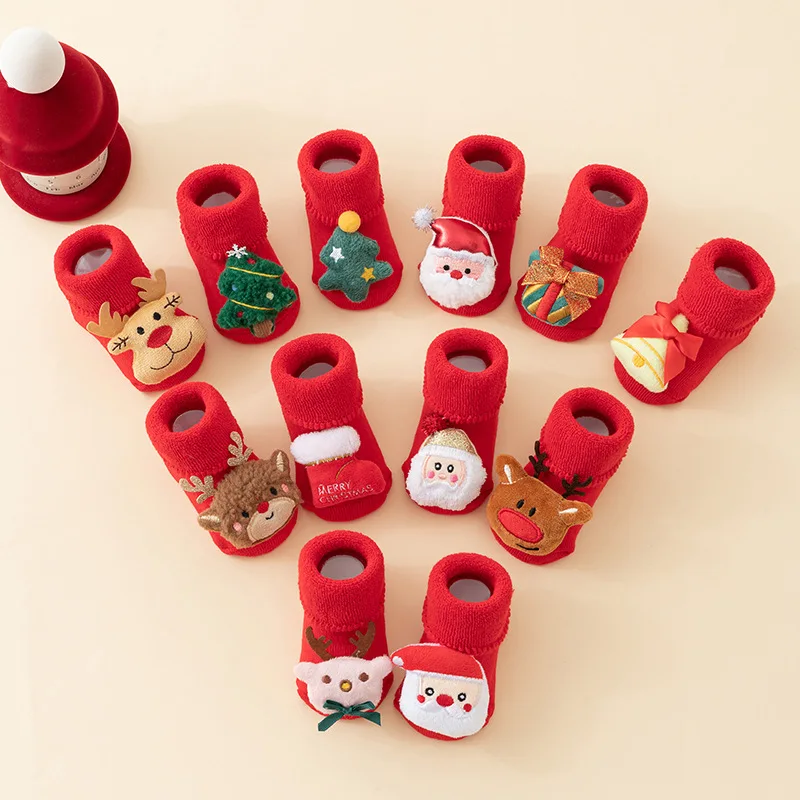 البجعة الوردية 0-3Y الشتاء سميكة الرضع الجوارب للفتيات الفتيان طفل عيد الميلاد السنة الجديدة الجوارب المضادة للانزلاق القطن الجوارب القصيرة لحديثي الولادة #3