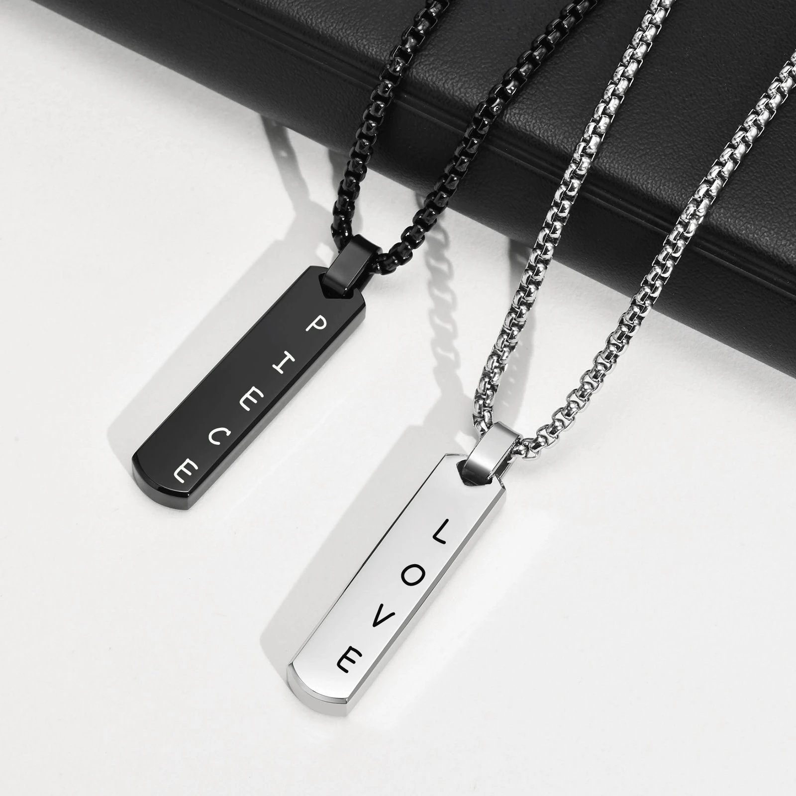 Geometric Vertical Bar Necklace for Men Boys,Customized Name ID Text Stainless Steel Pendant with Box Chain,Personalized Jewelry