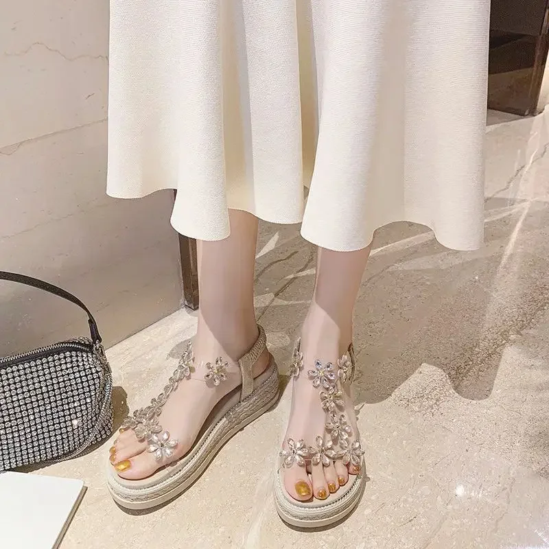 Clear Platform Sandals for Women Summer 2024 One Word Black Beach Ladies Shoes Outdoor Open Toe Buckles Footwear Roman Style Vip