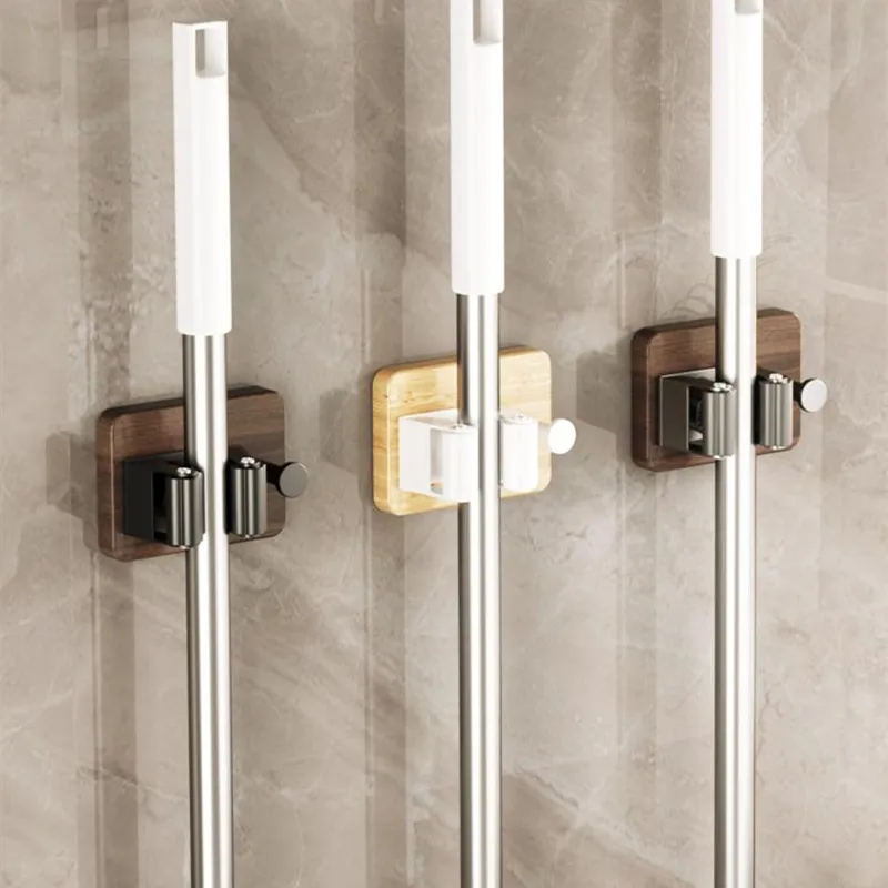 Wall Mounted Mop Clip Holder No-Punching Walnut Mop Mop Brush Broom Hanger Rack Kitchen Bathroom Organizer Holder Hook Accessory