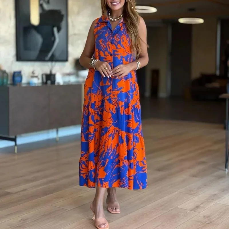Boho Style Print Loose Pleated Long Dresses Woman Spring Button Lapel Shirt Office Dress Summer Sleeveless Vacation Maxi Dresses