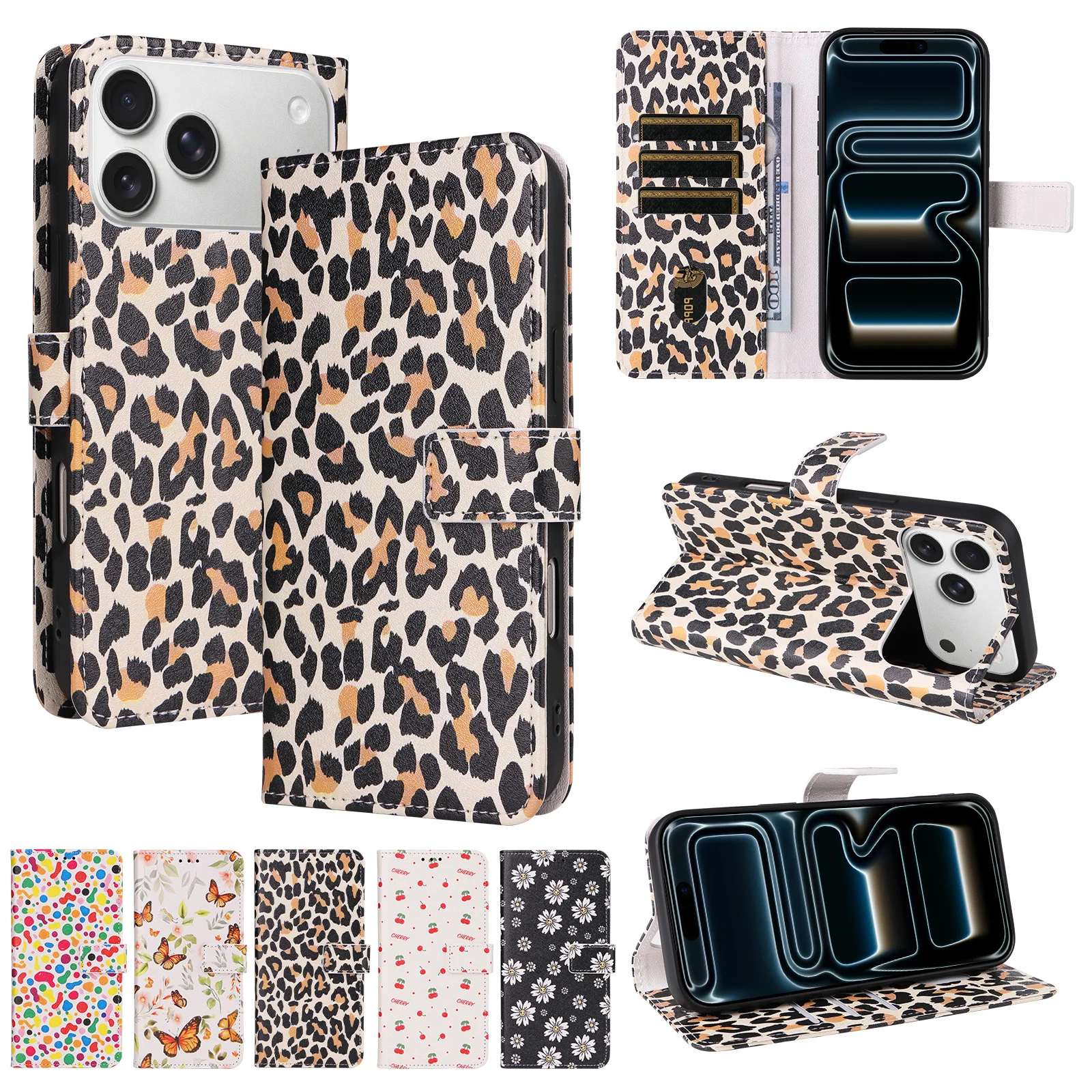Étui portefeuille à rabat imprimé léopard peint pour iPhone 17 Pro Max, 16 Pro, 15, 14 Plus, 13, avec porte-cartes anti-chute en similicuir, coque de protection pour téléphone