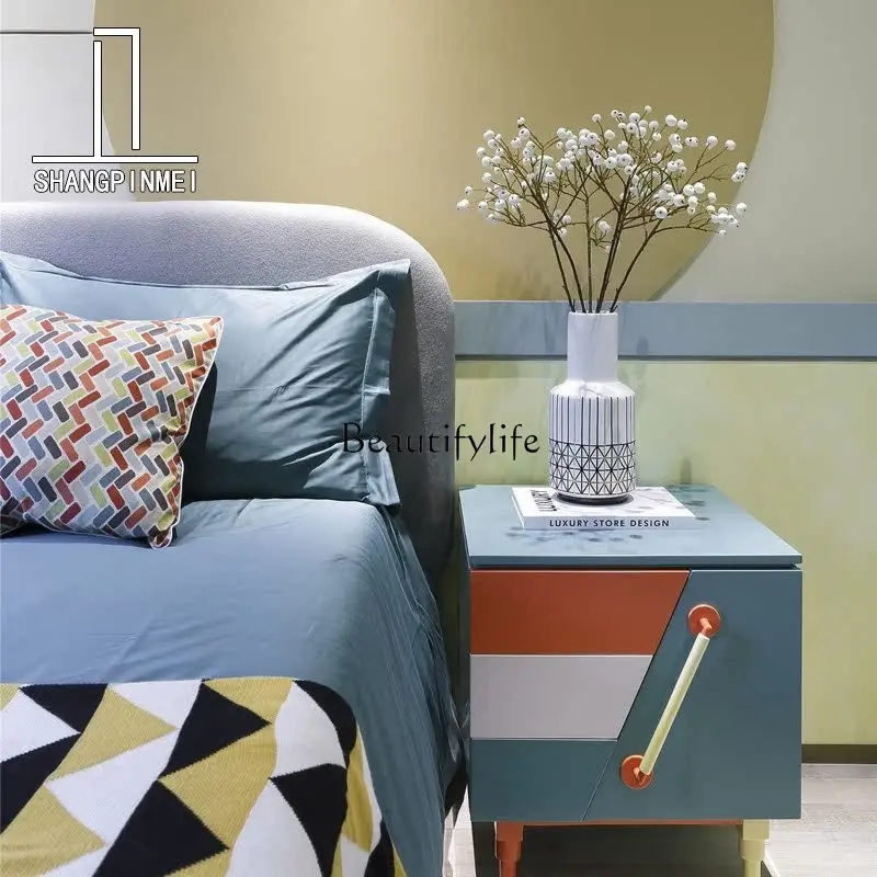 -*Simple modern light luxury bedside table solid wood paint bedroom storage cabinet