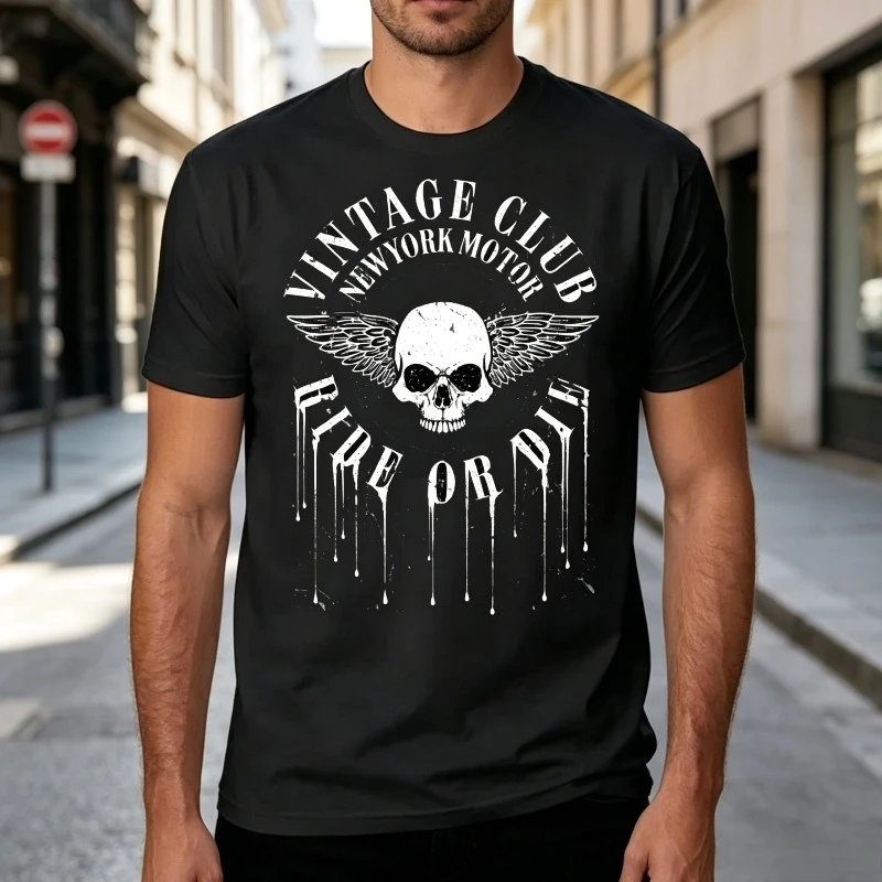 New York Motor Club Winged Skull Vintage Biker Graphic T-Shirt for Men Women 100% Cotton Soft Breathable Casual Streetwear Gift