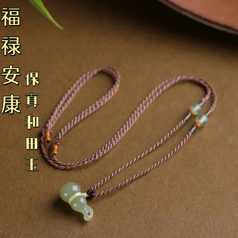 Chinese Classic Lucky Fortune Blessing Natural Hetian Jade Gourd Pendant Hand Woven Adjustable Necklace Elegant Simple Women Goo