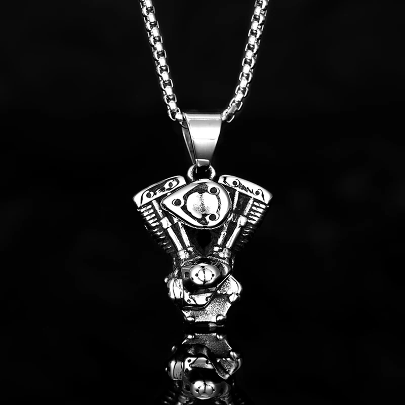 Male Retro Motorcycle Engine Pendant Necklace Men Hip Hop Street Culture Stainless Steel Fashion Trendy Necklace Boy Jewelry New