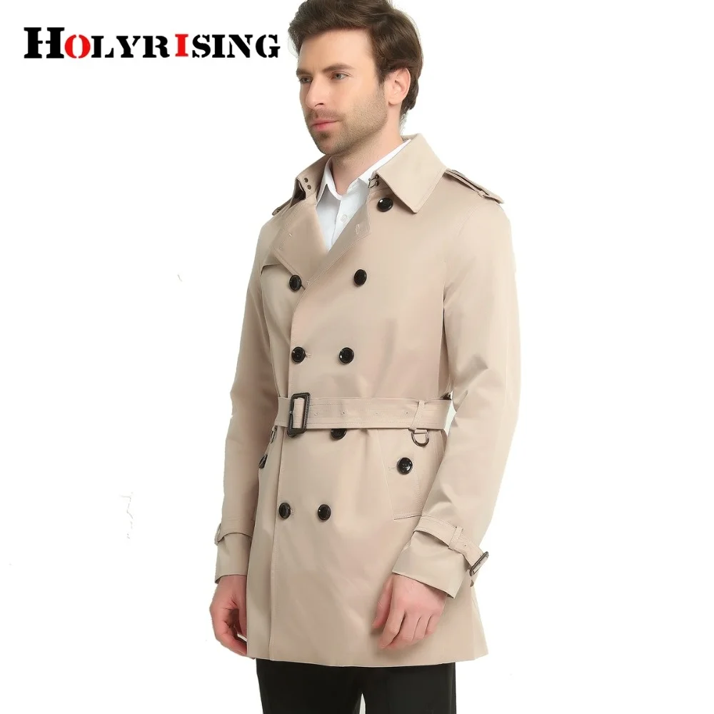 Holyrising trench coat men slim windbreak male turn collar wind double button outwear with belt spring #17658