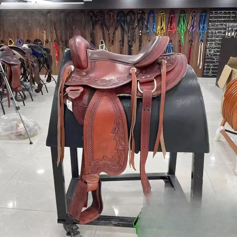 Casual riding saddle, cowhide carved western saddle, equestrian saddle harness