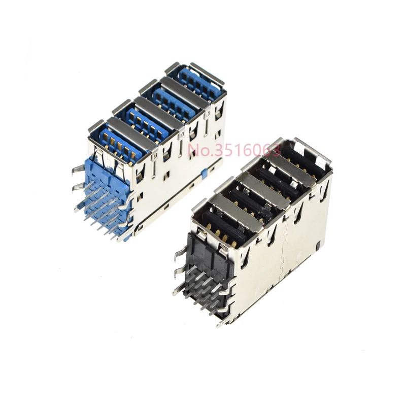 1Pcs USB-A 4 Ports Female Connector Socket 2.0/3.0 Four Row 90 Degrees
