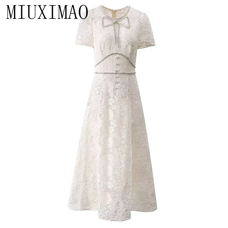 

MIUXIMAO 2024 Summer New Style Elegant Pretty Dress Women Solid O-Neck Short Sleeve Lace Diamonds Slim Long Dress Vestides Bow