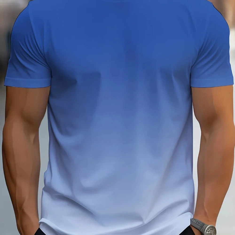 Men's Gradient Color Pattern T-shirt Casual Breathable Collar Short Sleeved T-shirt Suitable for Outdoor Activities, Summer Over