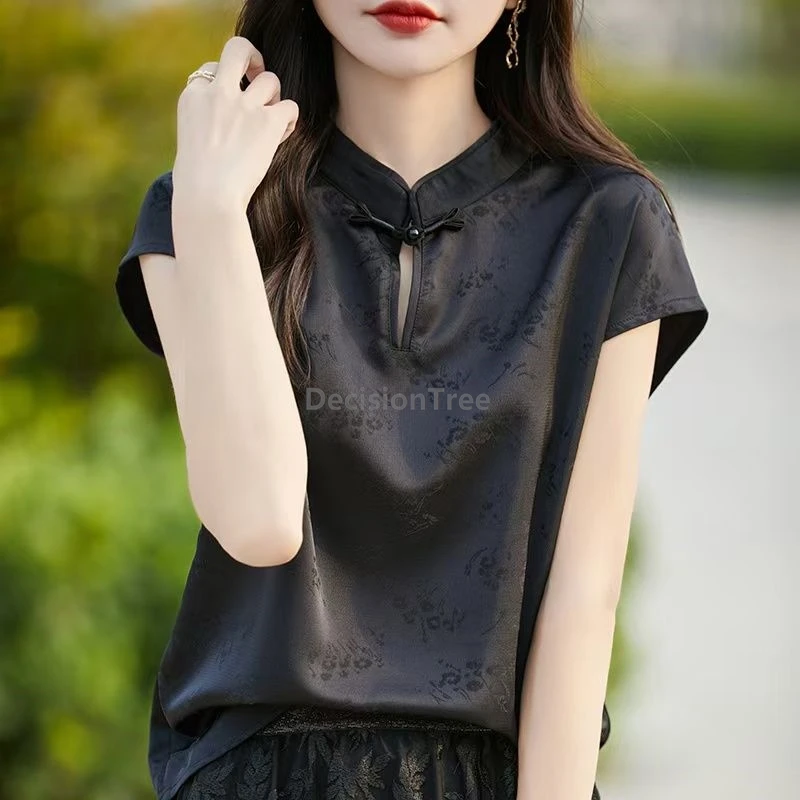 

2025 stand collar disc buckle chinese tang suit top new temperament brocade blouse retro hollow out design elegant women's top