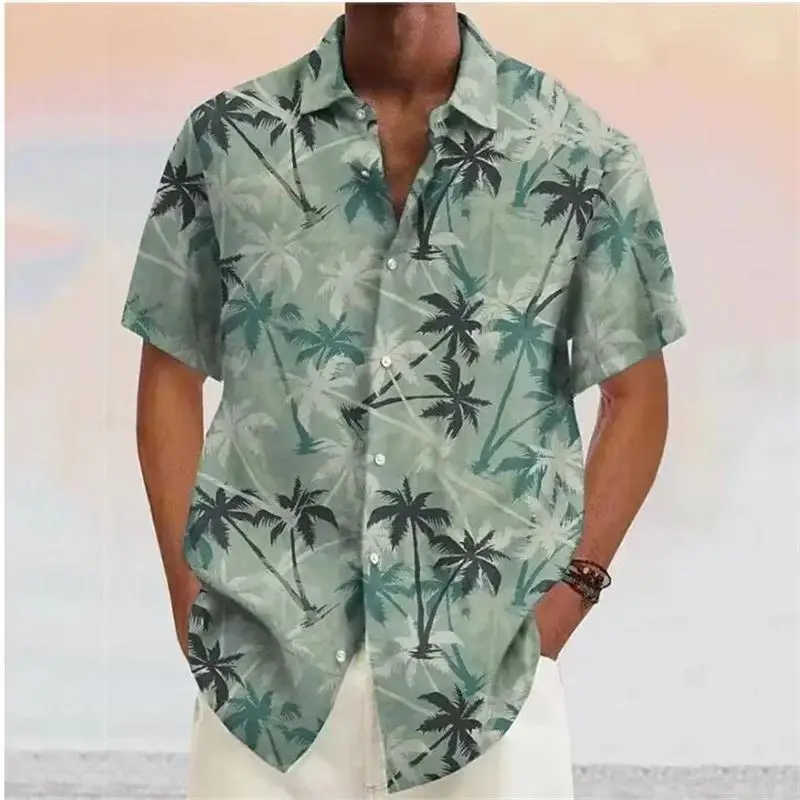 Summer Men\'s Hawaiian Shirt Blue Coconut Tree Short Sleeve T-Shirt Casual Lapel Printed Men Fashion Button Beach Blouse Clothes