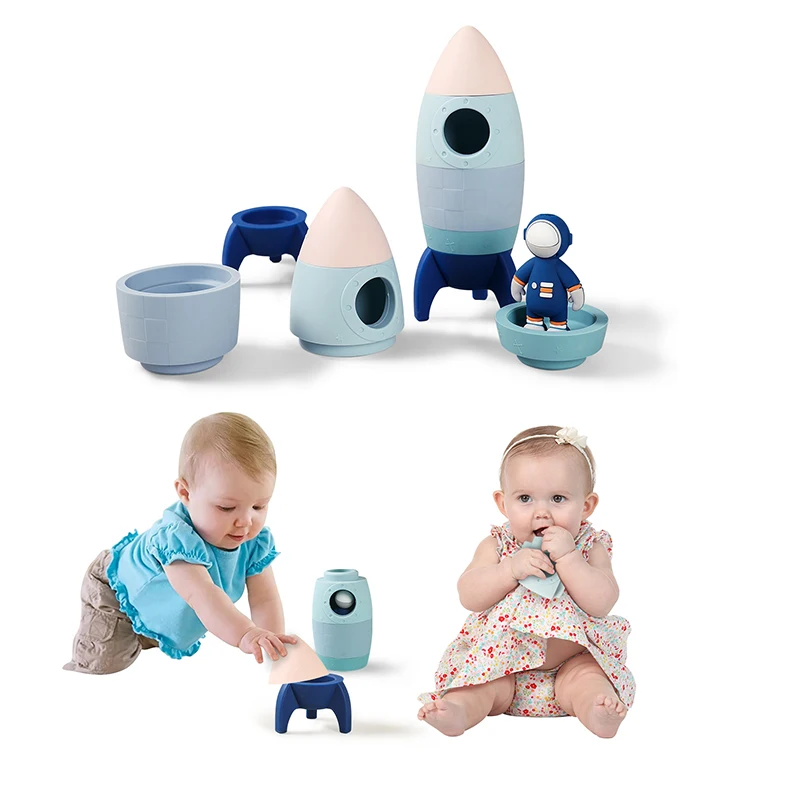 Baby Silicone Blocks Building Rocket Toy Rocket Stacking Puzzle Game Food Grade Silicone Teether Teething Wooden Astronaut DIY