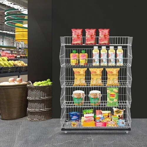 

5-уровневая проволочная сетка, полка для розничной торговли, стойка для товаров, подставка с 4 шкивами