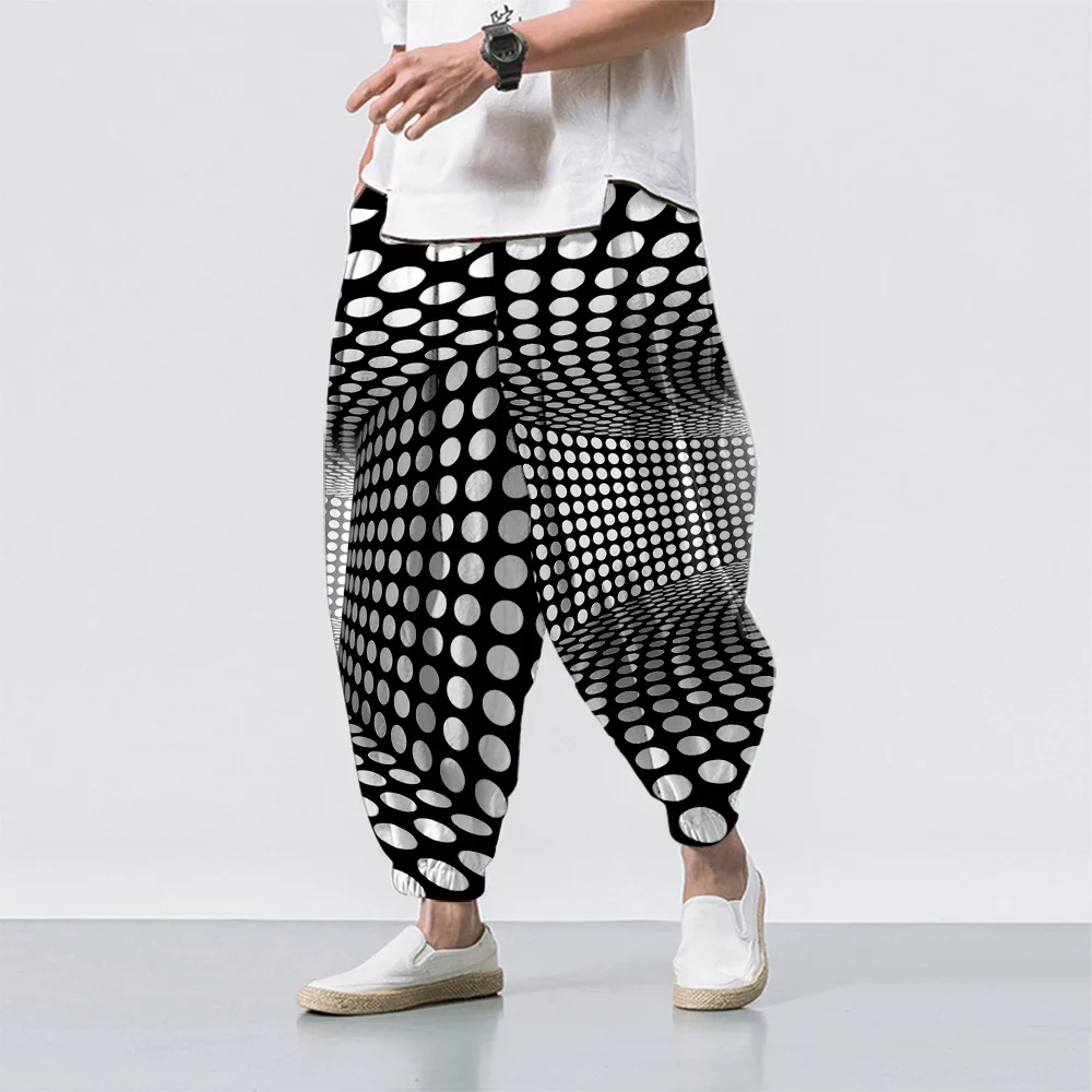 

Visual Distortion Printed Casual Beach Harem Pants Men Hip Hop Nine Points Trousers Baggy Jogger Sweatpants