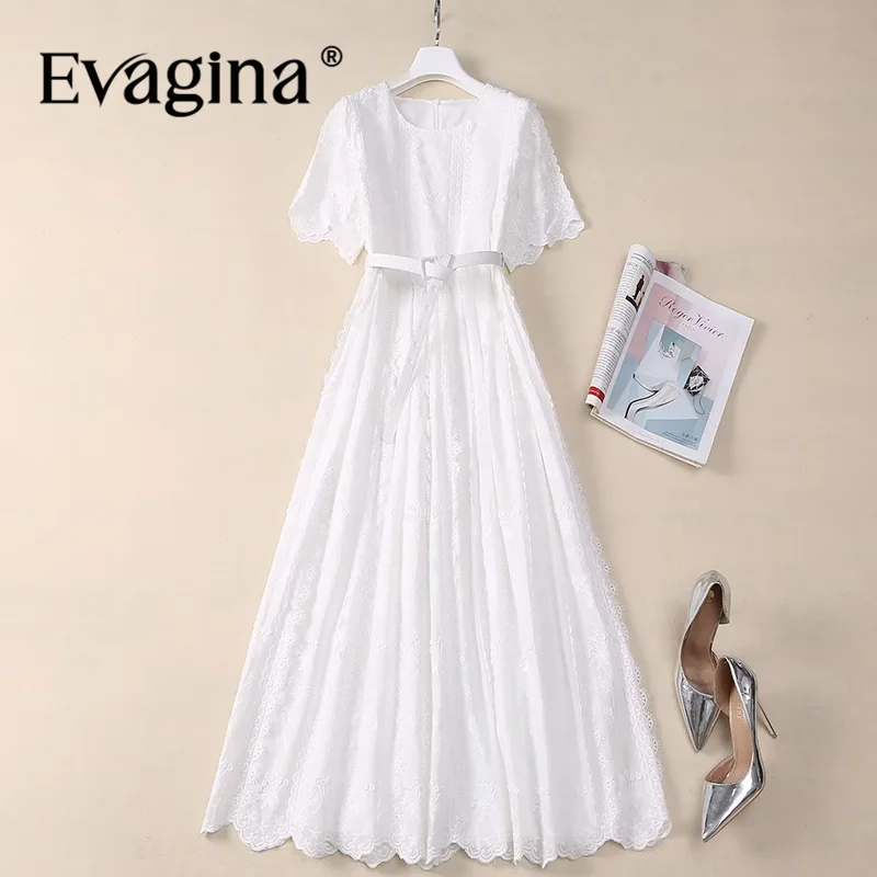 

Evagina Fashion Design Summer Women's Short-Sleeved High Waiste Lace-UP Embroidery Elegant Commuter Cotton Dresses