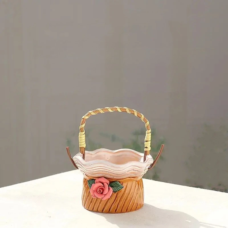 Creative Home Simple Fresh Handheld Rattan Basket Gardening Tray Handmade Pinch Flower Succulent Plant Flower Pot