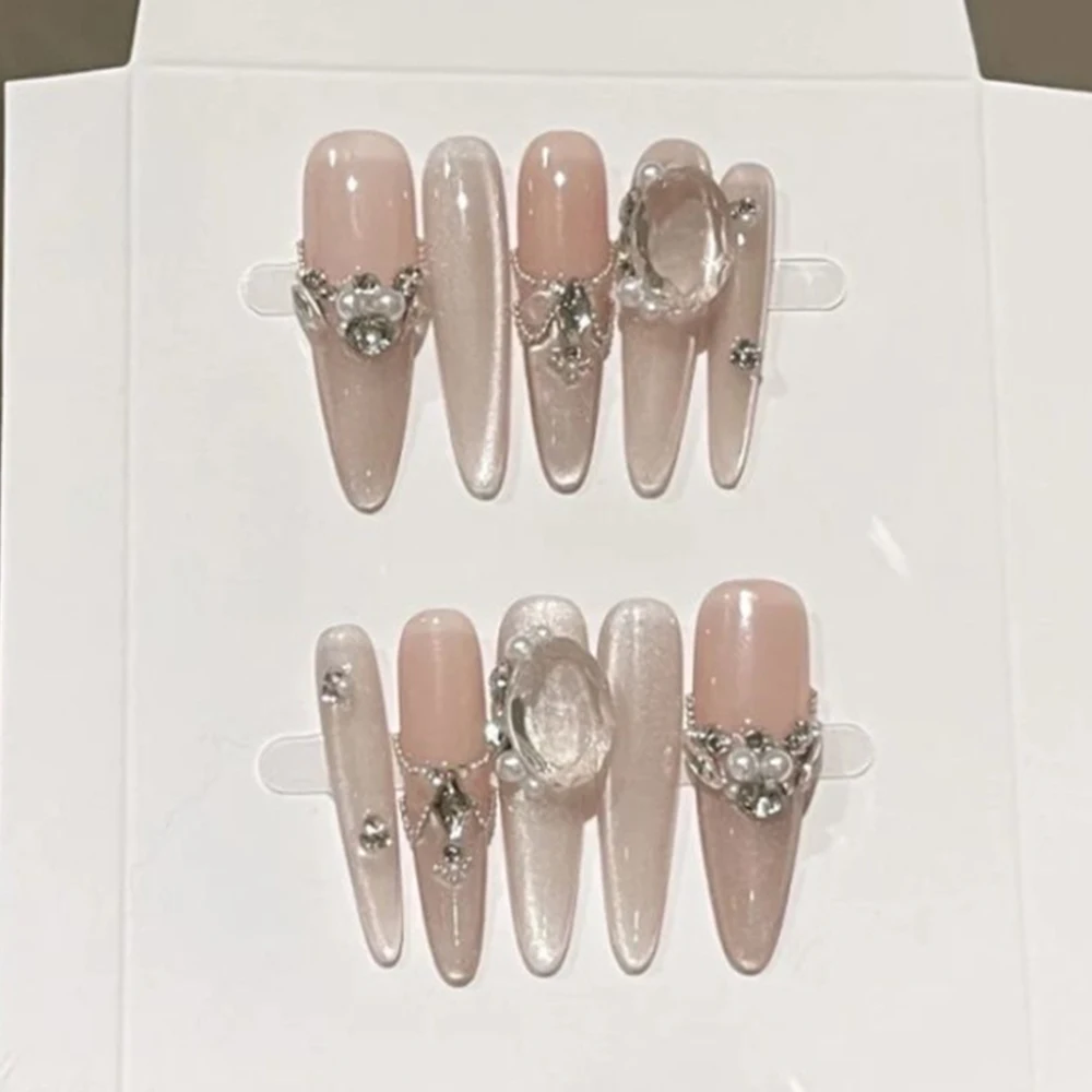 10 Uds. De ataúd de aguja largo a la moda, uñas postizas brillantes con diamantes de imitación Y2K, ojos de gato, flores de perlas, mariposa, uñas postizas removibles francesas