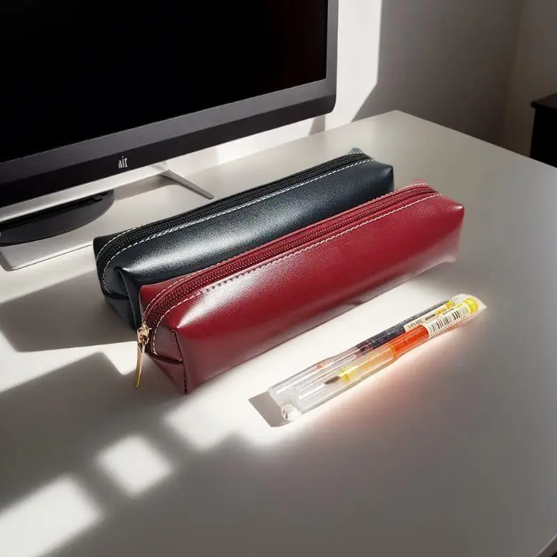 Simple PU Leather Pencil Case Small Portable Makeup Brush Storage Bag Students Large Capacity Stationery Box School Supplies