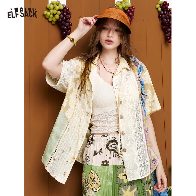 ELFSACK Patchwork Jacquard Lace Shirt, Retro Plaid Print Button-Up Blouse, Vintage Casual Loose Top for Women