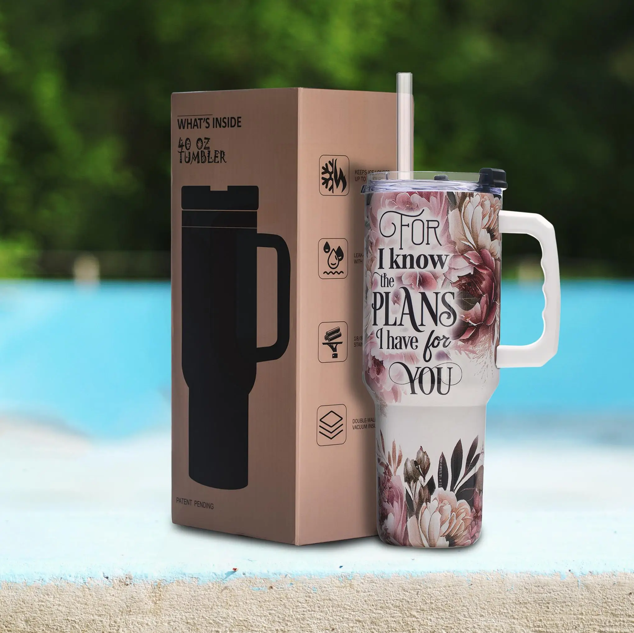

40oz Inspirational Floral Travel Tumbler, Vacuum Insulated Stainless Steel Cup with Handle and Quote, Gift for Women of Purpose