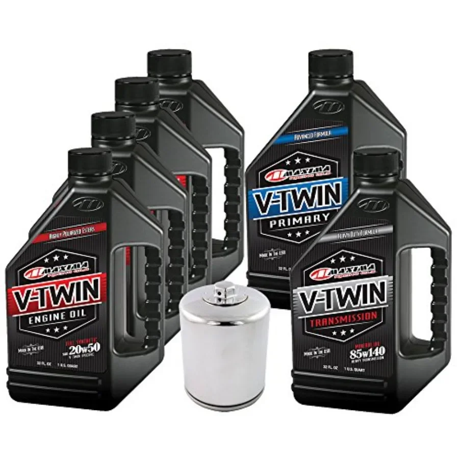 

V-Twin full synthetic 20W50 engine oil change kit for Harley Davidson Twin Cam motorcycles, 6-quart capacity, black packaging,
