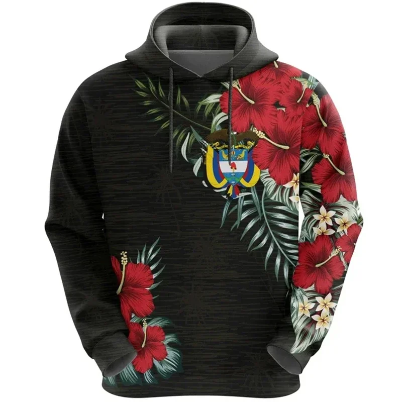 Colombia Flag National Emblem Graphic Sweatshirt 3d Print Hibiscus Flower Hoodie Men Clothes Tracksuit Long Sleeve Hoody Tops