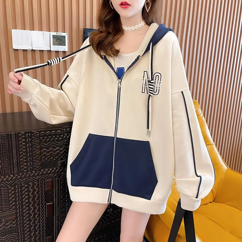 LooseCasual Casual Sweatshirts Cardigan Female New Korean Autumn Winter Patchwork Hoodies Coat Women Clothing All-match Top Tee