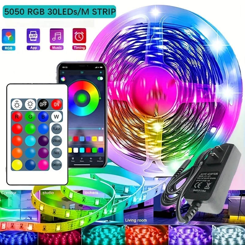 

5050 30Leds/M 5M 10M LED Strip DC12V With Adapter RGB Flexible Tape Led Ribbon Led Strip Light With IR Remote and BT APP control