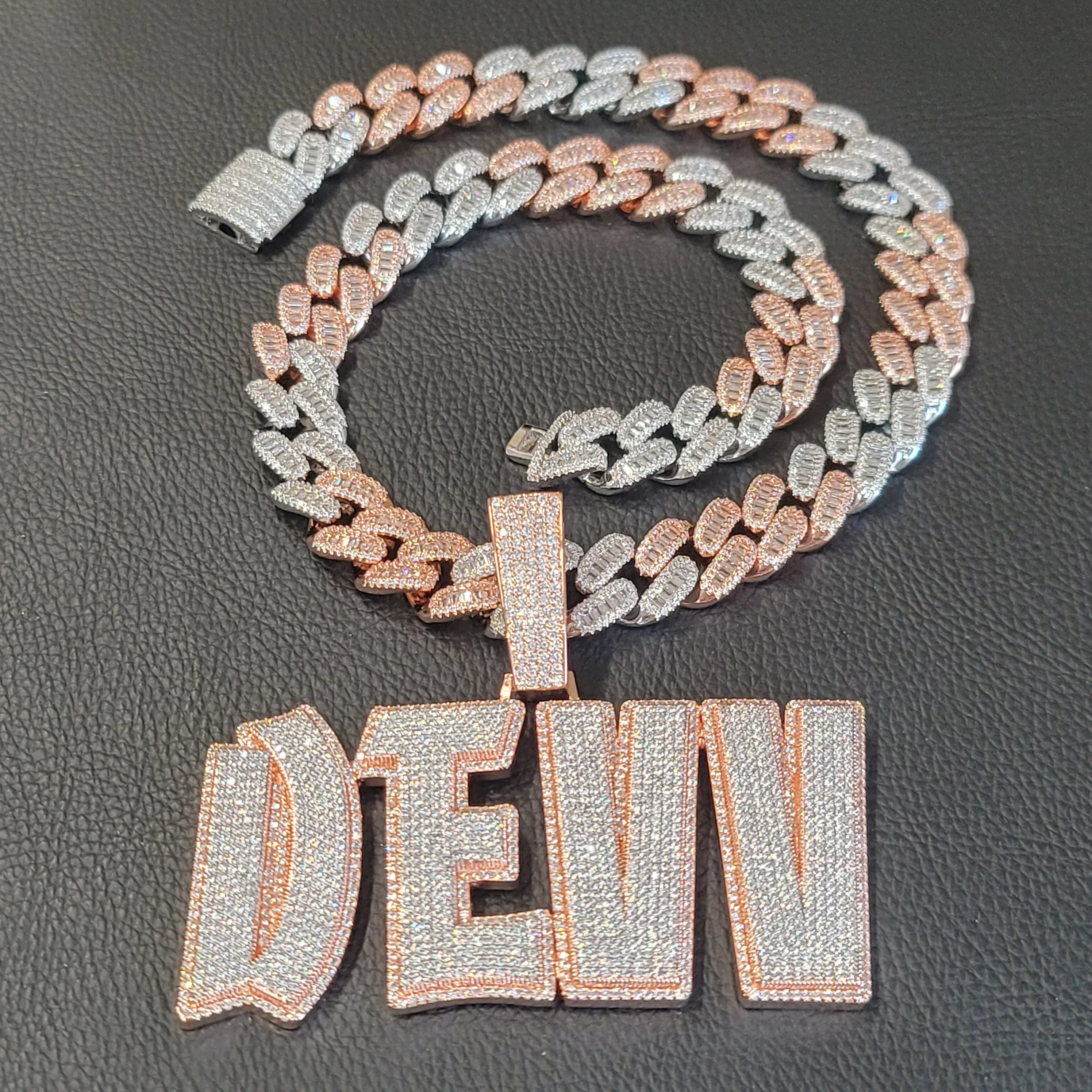 

Custom Full Diamonds Letter Pendant With Baguettecz Cuban Chain Iced Out Name Necklace Double Color Hip Hop Jewelry Gift For Him