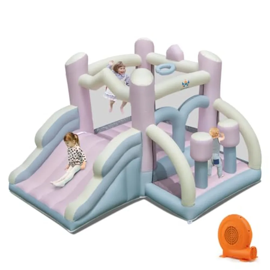 

Inflatable Bounce House, White Pink Dream Cotton Bouncy House for Kids 5-12 Indoor Outdoor Backyard Fun w/Blower, Wide Slide, T