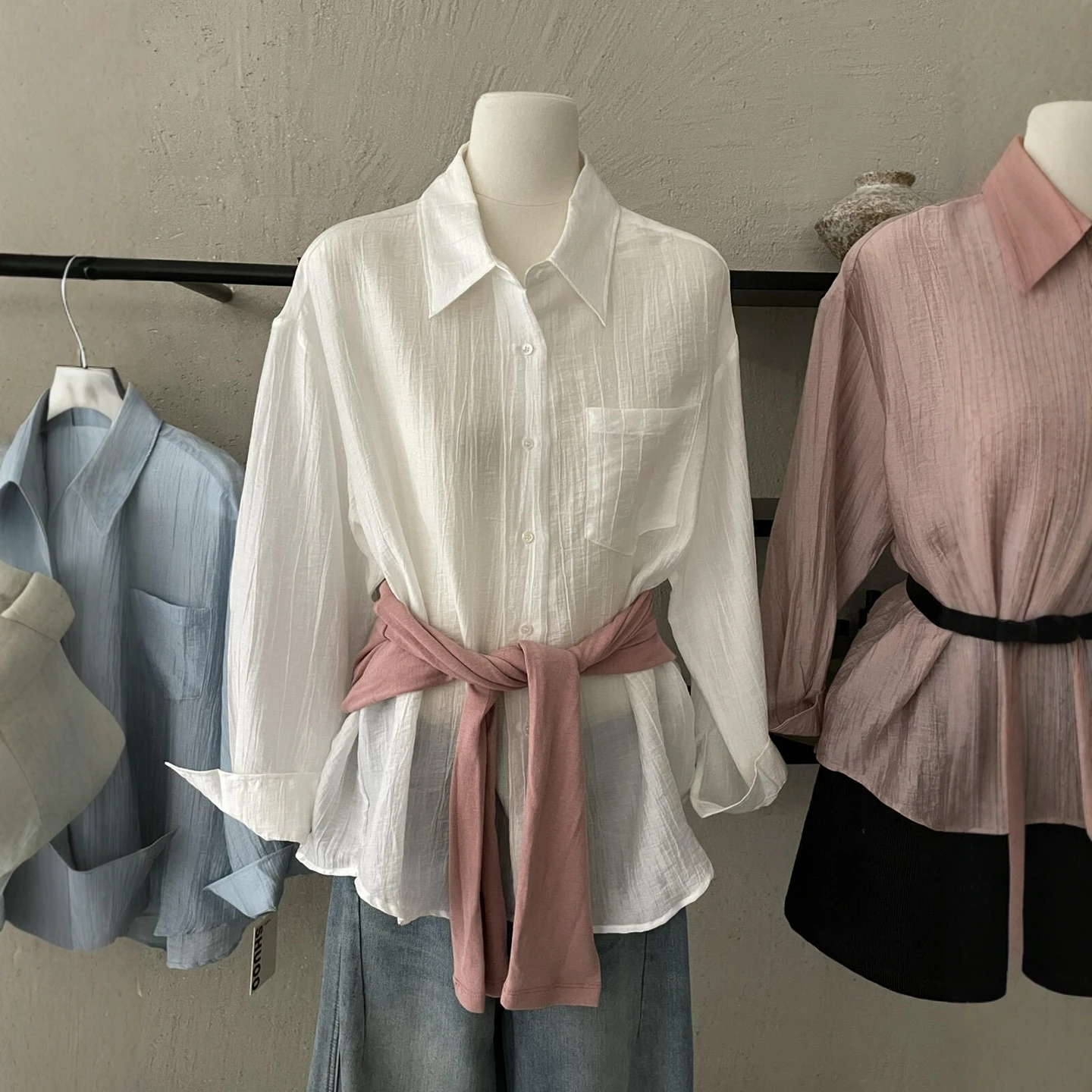 

White Textured Collar Long Sleeve Women's Shirt Loose Slimming Early Spring Commute Friendly Professional Style