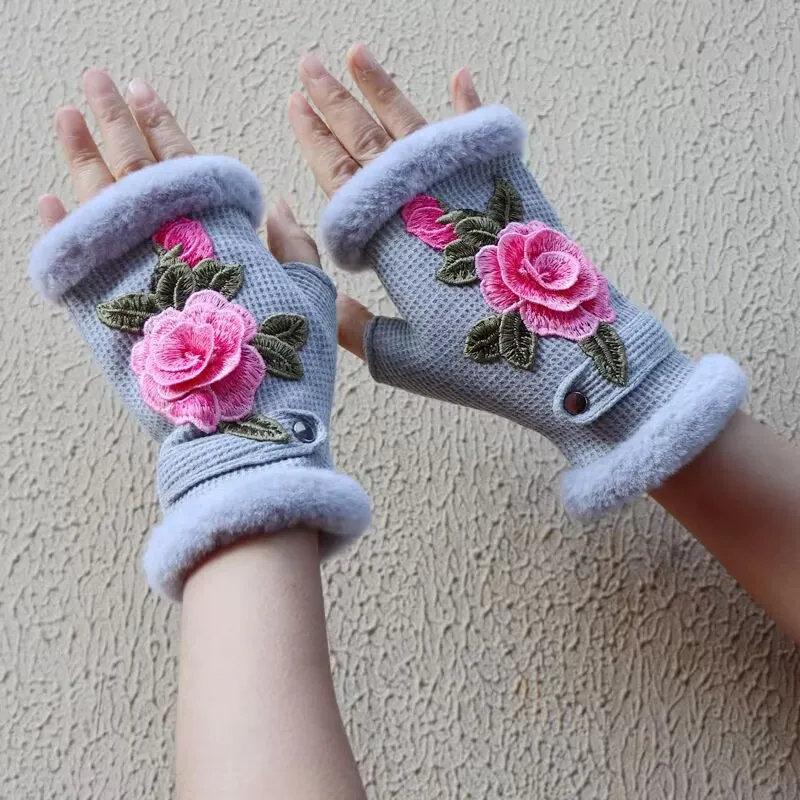 3D Floral Embroidered Fingerless Gloves Winter Autumn 2023 Half Gloves Women Elegant Evening Girlfriend WiFe Gift