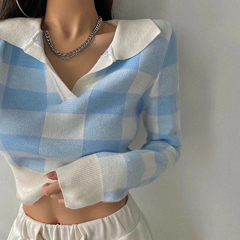 Slim Casual Turndown Collar Plaid Women's Knitted Tops Retro Fashion Versatile