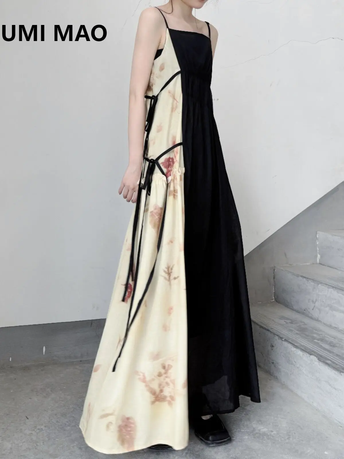 

UMI MAO New Chinese Dress Summer Long Cotton And Hemp Printed Color Blocked Design Strap A-line Strap Dress Beautiful Femme