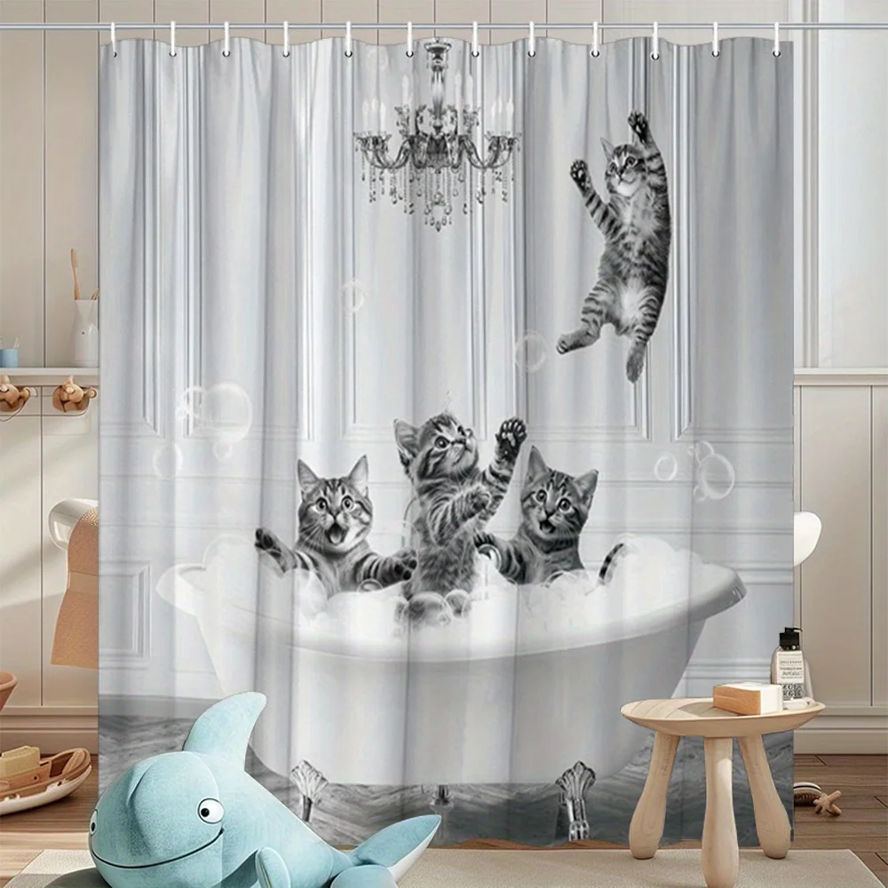 

black and white cats in clawfoot tub shower curtain with bubbles foam print 12 hooks bathroom partition decor Quick Setup