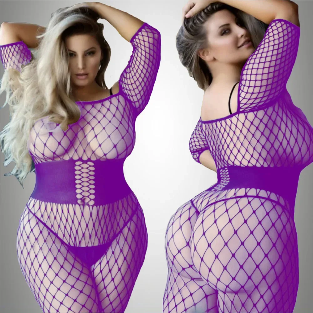 Plus Size Sexy Bodystockings Open Crotch Women Fishnet catsuit Mesh tights Lingerie Erotic Bodysuit Sleepwear Crotchless teddy