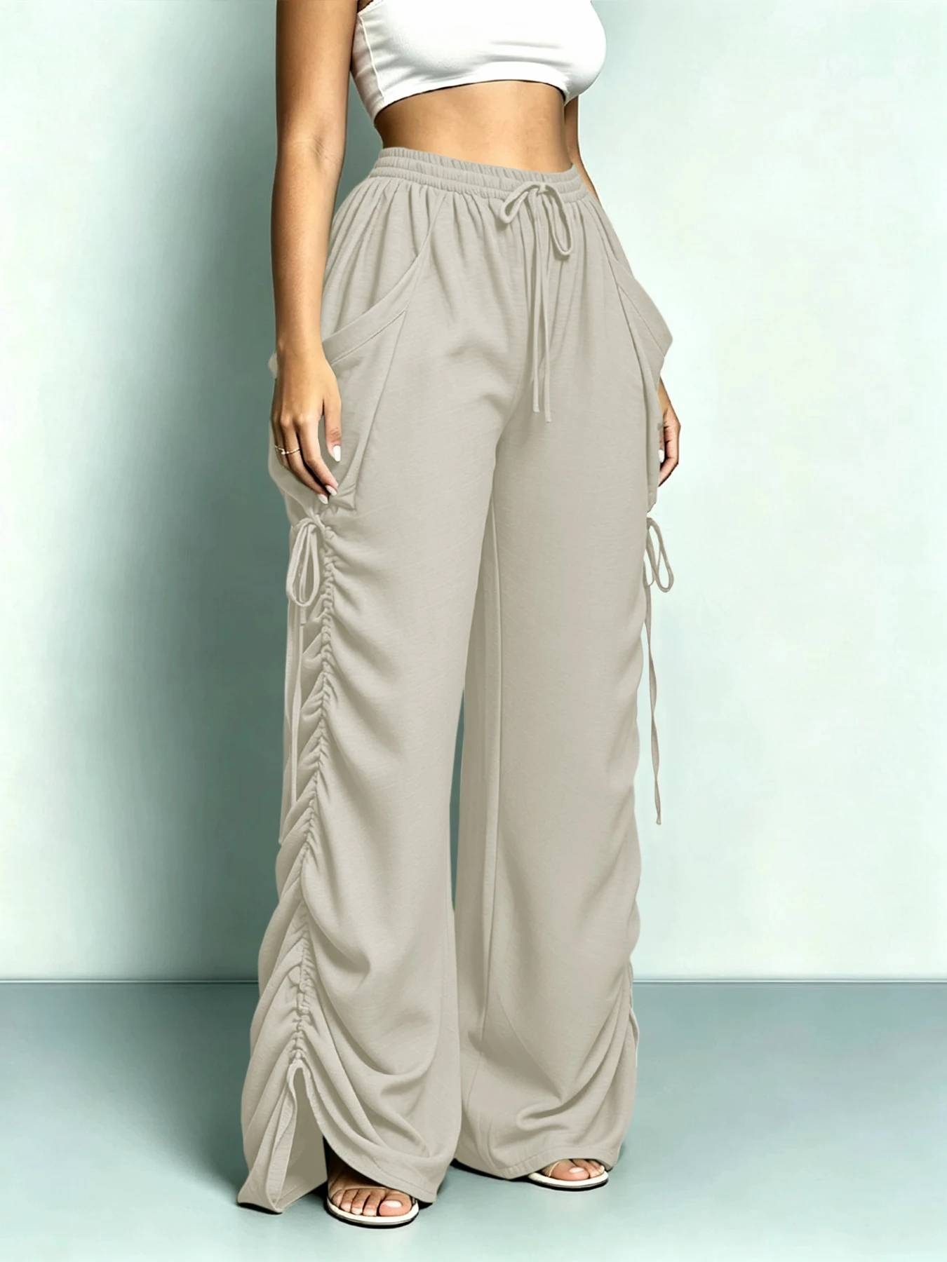 Women's High Waist Wide Leg Harlan Pants Punk Style Drawstring Pleated Loose Fit Retro 2026 Cross-Border Fashion
