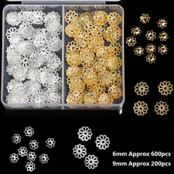 200/600pcs 6/9mm Hollow Flower Golden Silver Color Stainless Steel Metal Filigree Bead Caps for DIY Jewelry Making Supplies