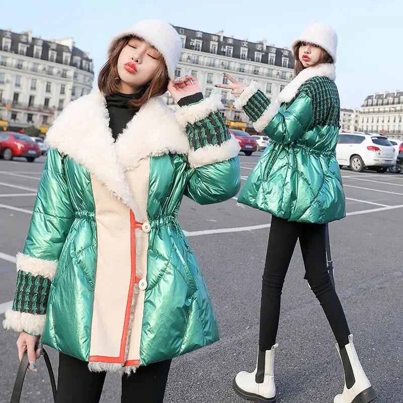 

2023 New White Duck Down Coats Women's Winter Warm Jackets Green Glossy Lambswool Parkas Coat Ladies Fashion Splice Down Coats