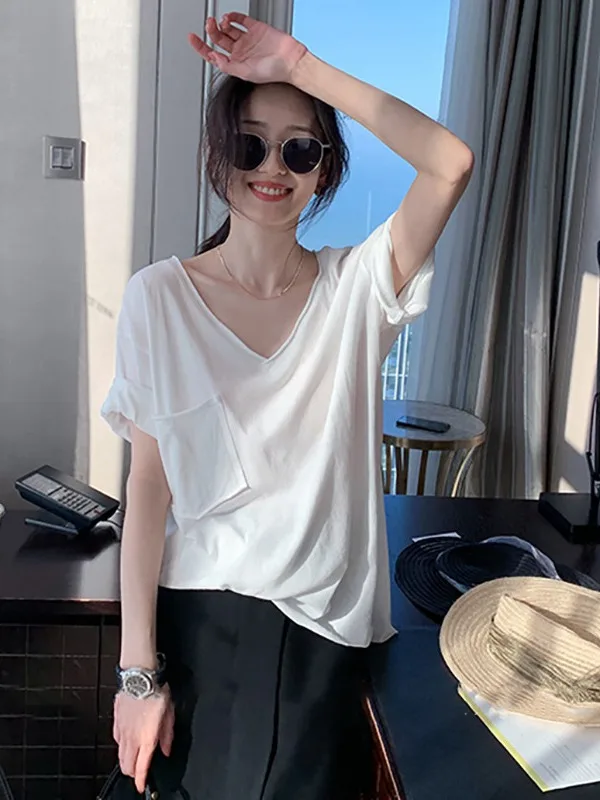 Cseta hoada de manga corta con cuello en V para mujer, ropa informal de verano, cseta de cuello ande de estilo core...