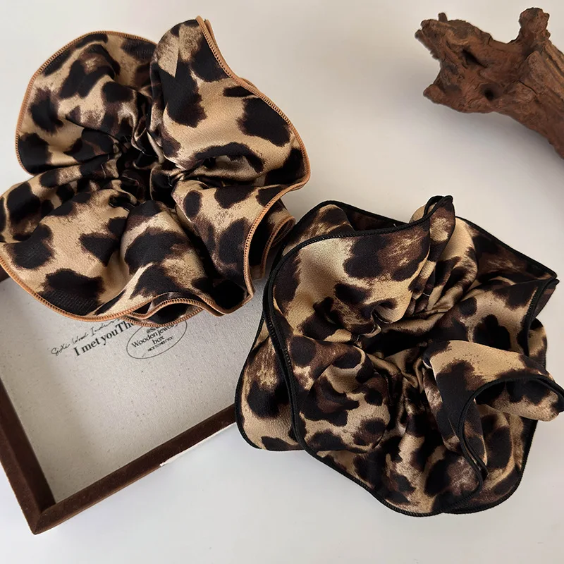 Leopardo estampado dupla camada de cabelo grande scrunchies para mulheres, bandana elegante, faixa feminina, laço rabo de cavalo, corda retrô, moda nova