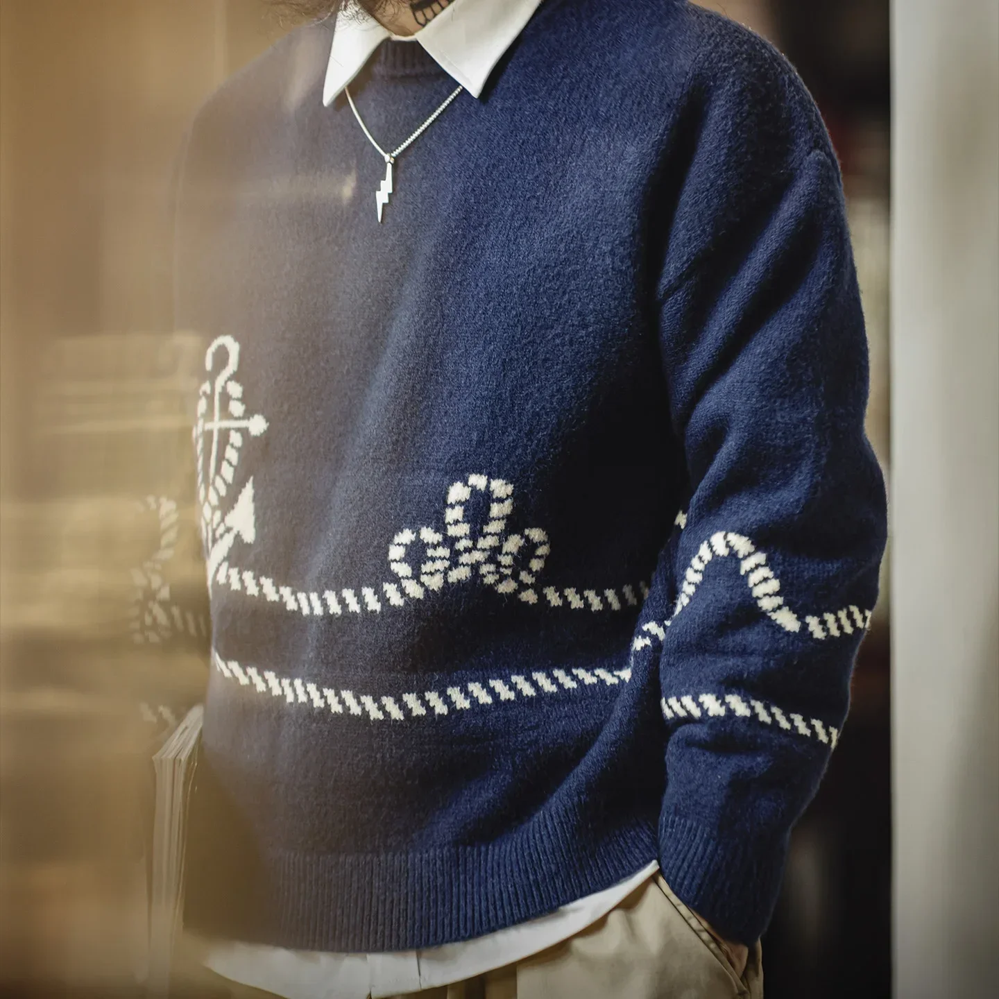 Men’s Crew Neck Navy Blue Soft Warm Casual Winter Jumper  Anchor Pattern Sweater Thick Knit Pullover